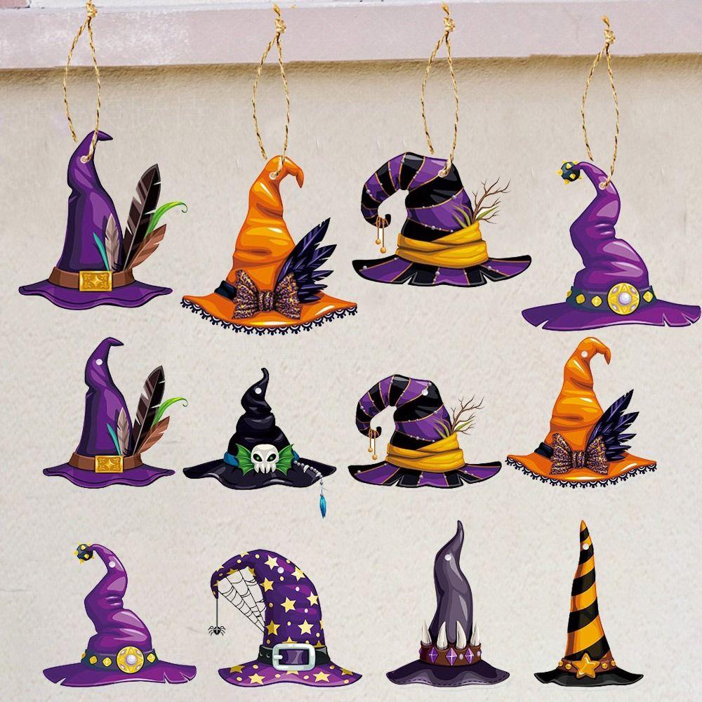 8Pcs Funny Witch Hat Hanging Paper Halloween Hanging Tag Haunted House