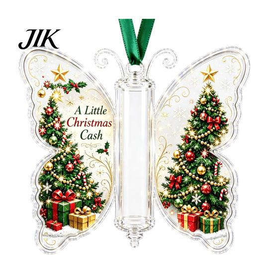 Transparent Acrylic Christmas Pendant Money Holder Ornament, Cash Hanging Decor with Vintage Holiday Surprise Butterfly Print, Party Supplies