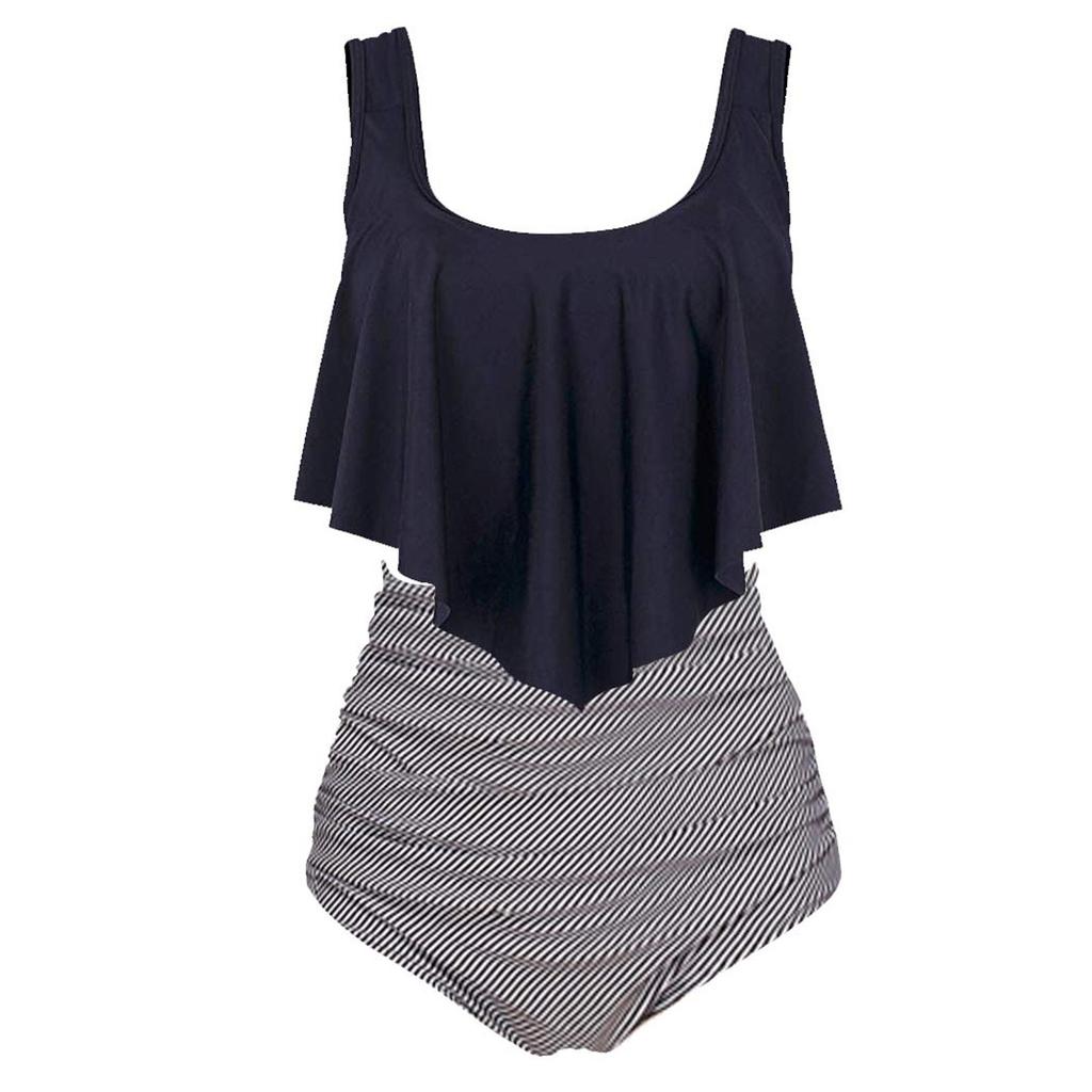 Бикини с рюшами и принтом закрывает живот и демонстрирует тонкий разделенный купальник для женщин