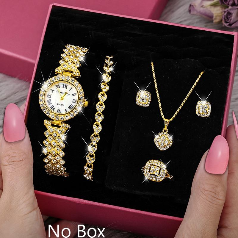 Luxury Diamond Jewelry&Watch Set For Women, Glittering Quartz Watch Bracelet Set, Crystal Necklace Earrings Ring Jewelry Festival Gifts