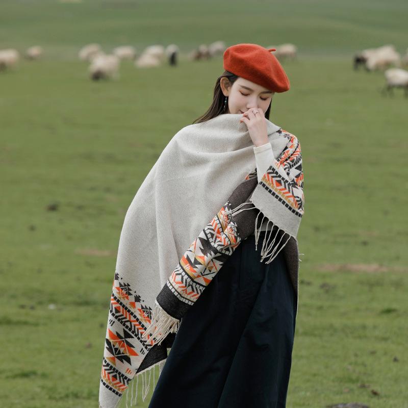 Tourism Ethnic Style Fringed Knitted Shawl Travel Photo Scarf Cape Northwest Prairie Cape Women