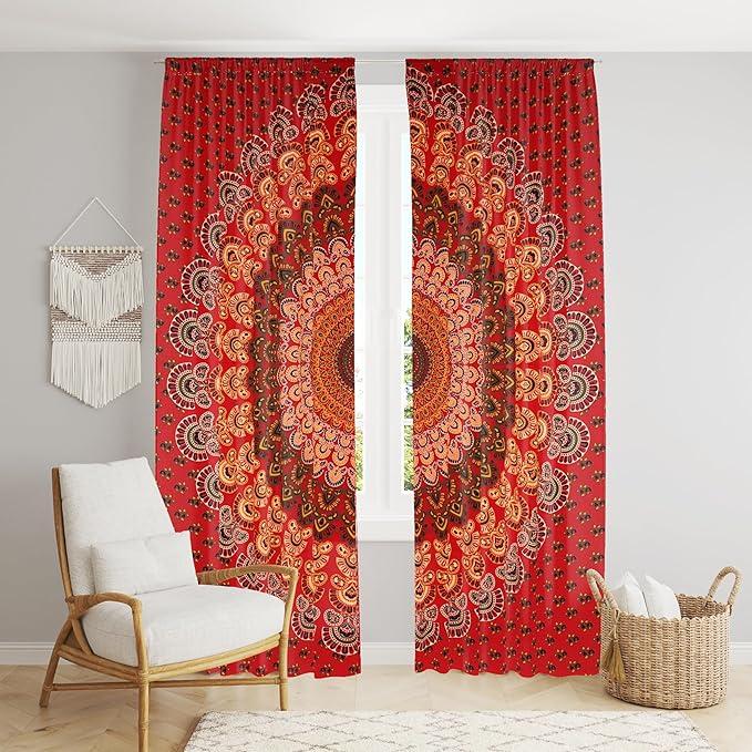 BLESS INTERNATIONAL Beautiful Indian Bohemian Psychedelic Hippie Tree of Life Window Curtain Panels for Bedroom, Living, Balcony (Red Mandala)