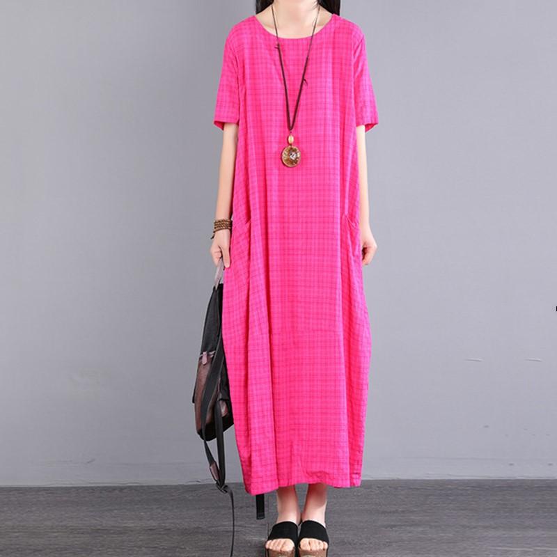 Новое хлопковое винтажное клетчатое платье больших размеров с коротким рукавом для женщин, повседневное свободное длинное летнее платье