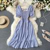 "French Retro Floral Square Neck Puff Sleeve Dress for Petite Women - High Waist, Sweet, Short Spring Style"