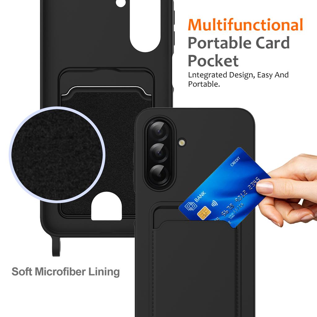 For Samsung Galaxy S25 FE Case Liquid Silicone Card Holder Back Phone Cover with Lanyard