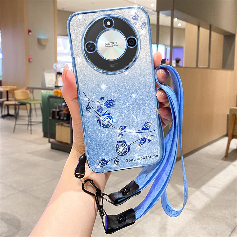 For Honor X60 5G Case Flower Pattern TPU Gradient Phone Cover with Lanyards