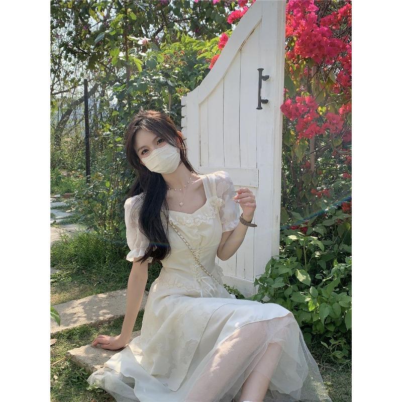 Французское элегантное платье миди, женское милое кружевное платье нестандартного дизайна с короткими рукавами, женское пышное вечернее платье в вечернем стиле, лето 2024