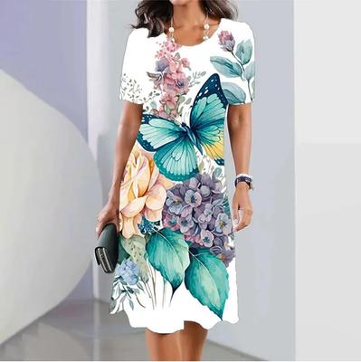 Модное женское свободное красивое платье-трапеция с принтом бабочек и коротким рукавом с круглым вырезом и принтом листьев