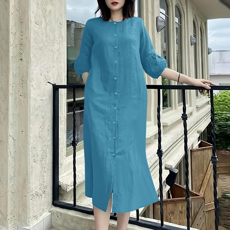 ZANZEA Women Casual Round Neck Solid Color 3/4 Sleeve Loose Dress