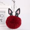 Fashion Fluffy Rabbit Fur Ball French Bulldog Keychain Pompom Key Chain PU Leather Animal Dog Keyring Holder Bag Charm Trinket Chaveiros