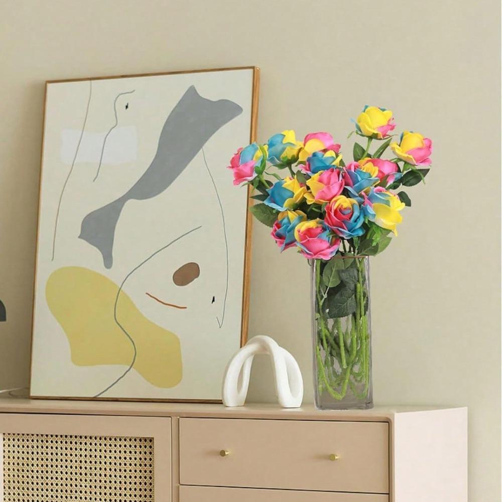 10 Pcs Silk Flowers Rainbow Fake Roses 50cm Artificial Flowers Fake Artificial Roses with Stems for Home Wedding Hotel Office Centerpiece Decor