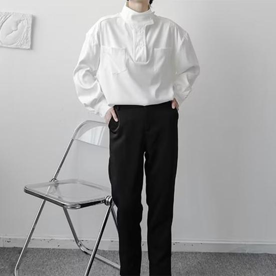 Женская рубашка с полувысоким воротником, пуговицами, полузастежкой, длинным рукавом, с карманами, однотонная свободная посадка, топы-пуловеры