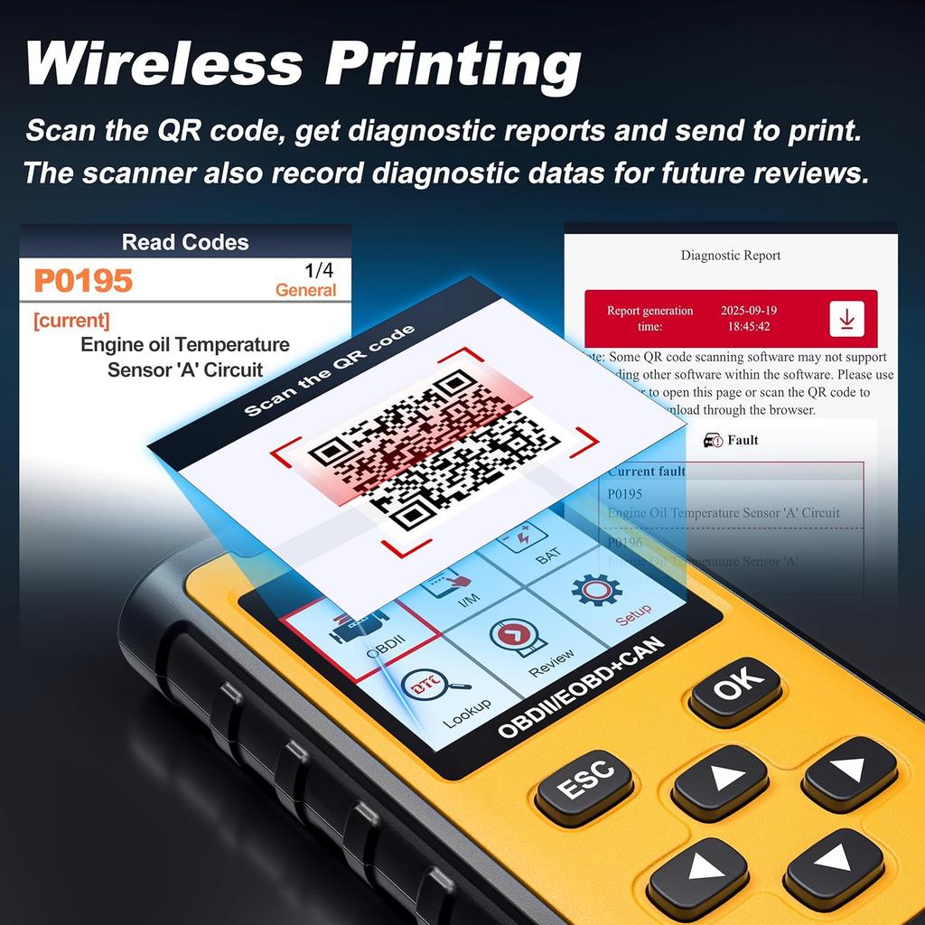 Car Scanner, Read&Clear Codes| Wireless Printing| Battery Voltage Test| Graphic Live Data, 2025 Upgraded Check Engine Code Reader OBDII Diagnostic