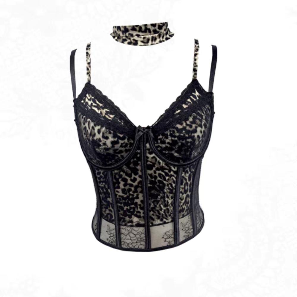 Transparent Leopard Mesh Corset Lace Suspender Vest with Pads Slim Crop Tops Spring Summer