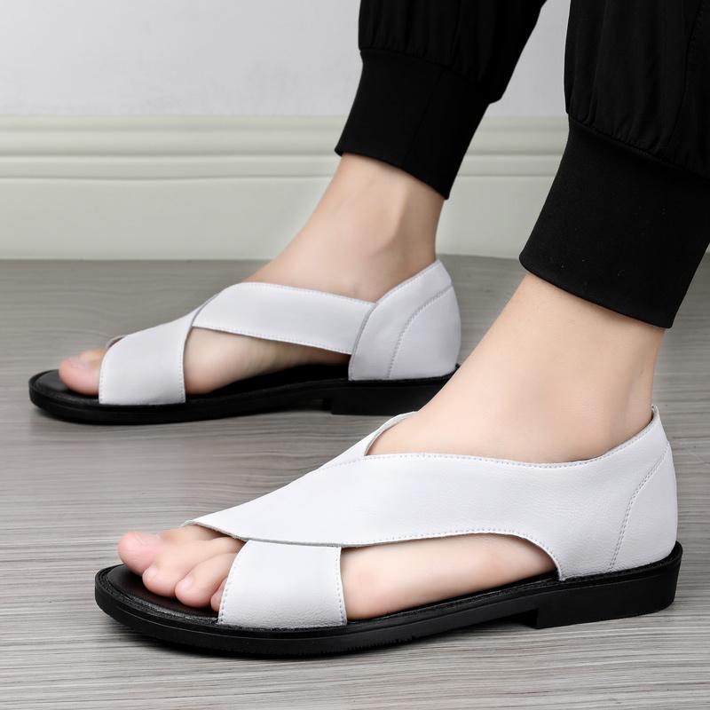 Мужские сандалии, черные кожаные сандалии-гладиаторы, уличные римские сандалии без шнуровки для мужчин, пляжная обувь с открытым носком, большие размеры