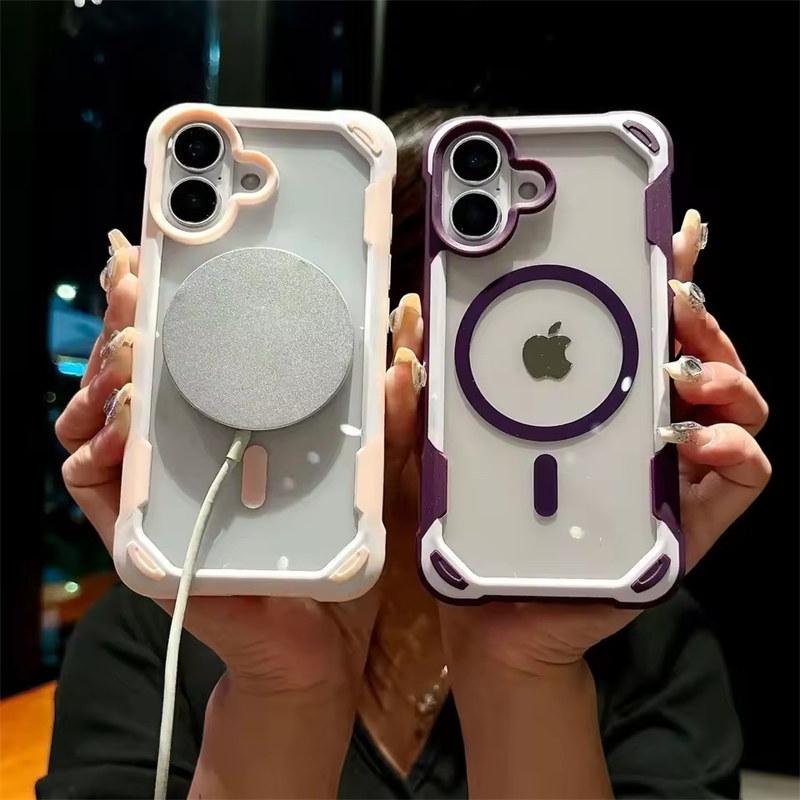 Для Magsafe Magnetic Shockproof Armor Case для iPhone 16 15 14 13 12 11 Pro Max Plus Прозрачный жесткий гибридный бампер задняя крышка