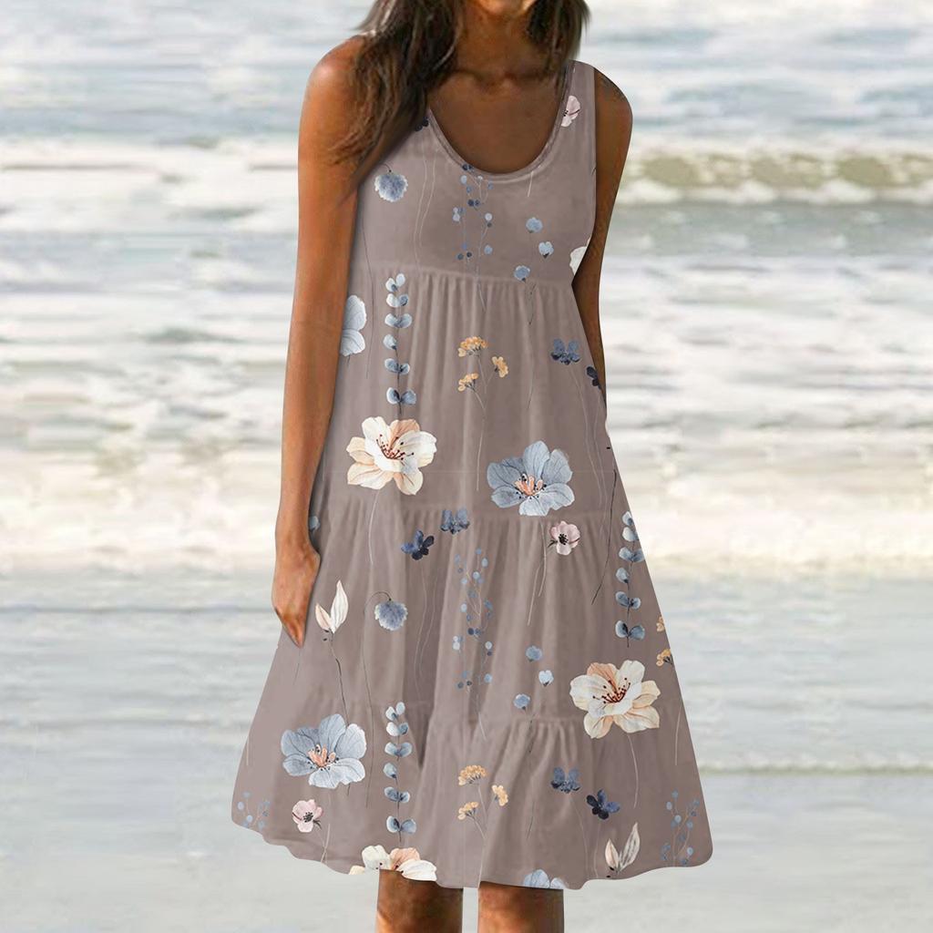 Женские платья-жилеты Лето-весна Плиссированные богемные платья Симпатичные струящиеся пляжные платья без рукавов Прямая футболка Платья-майки Платья с круглым вырезом