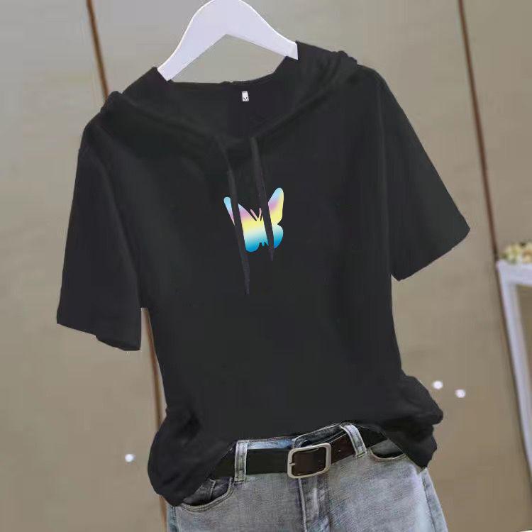 Women's Short Sleeve Hooded T Shirt Loose Fit Summer Casual Slimming Youthful White Top