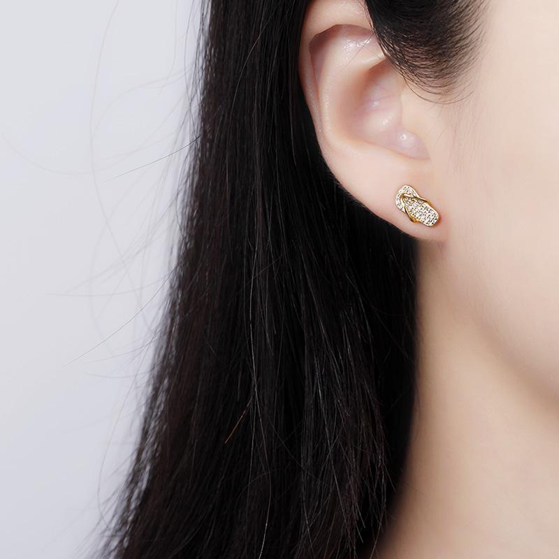 Qiaolanxuan 925 Sterling Silver Flip-Flop Stud Earrings In Gold - Women's Korean Style, Simple Ear Jewelry