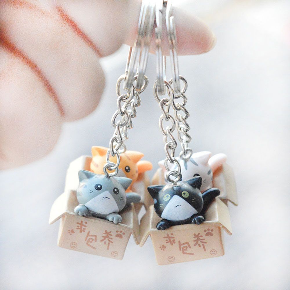 Cute Cartoon Ornaments Box Personality Little Cat Key Ring For Men Women Bag Charm Pendant Keychain