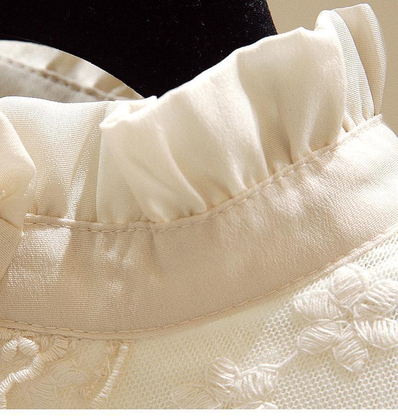 Women's Fleece-Lined Lace Top with Stand-Up Collar - Autumn/Winter Embroidered Mesh Long Sleeve Slim Fit Shirt