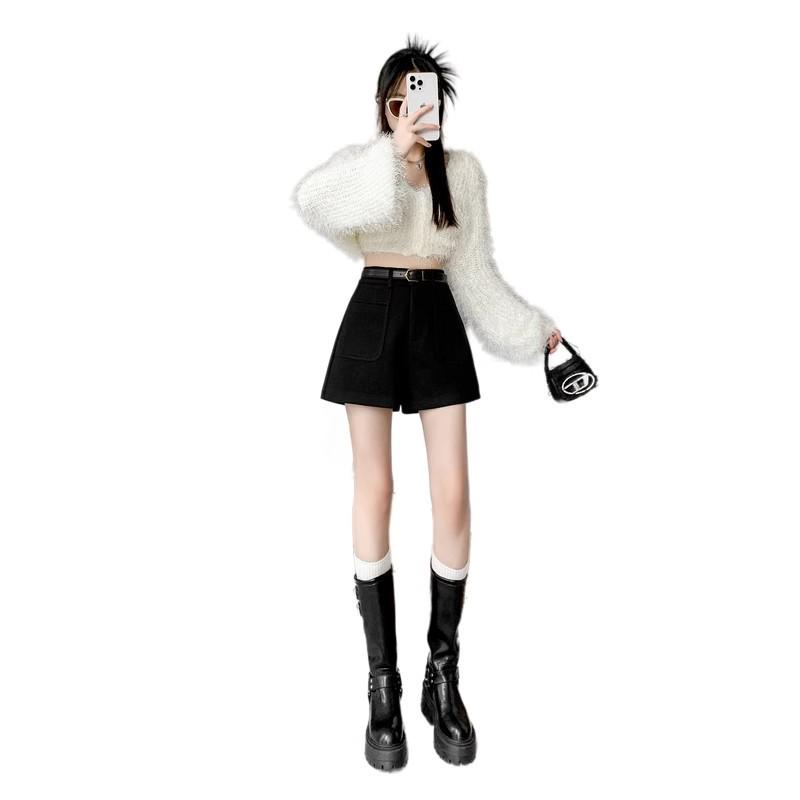 2024 Осень/Зима Женские Шерстяные Шорты с Высокой Посадкой и Широкими Штанинами - Стильные Повседневные Модные Шорты