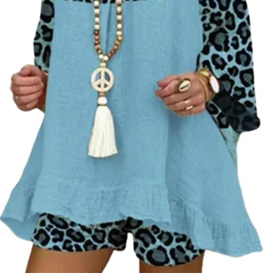 Повседневная женская одежда, свободная футболка с леопардовым принтом и шортами с леопардовым принтом и круглым вырезом для повседневной жизни