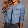Женская джинсовая куртка без воротника приталенного кроя в стиле ретро, весна 2025, с карманами