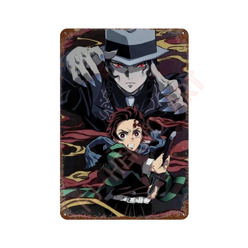 Classic Pop Anime Demon Slayer Kyojuro Rengoku Art Poster Metal Tin Sign Plaque Wall Plates for Living Room Modern Home Decor