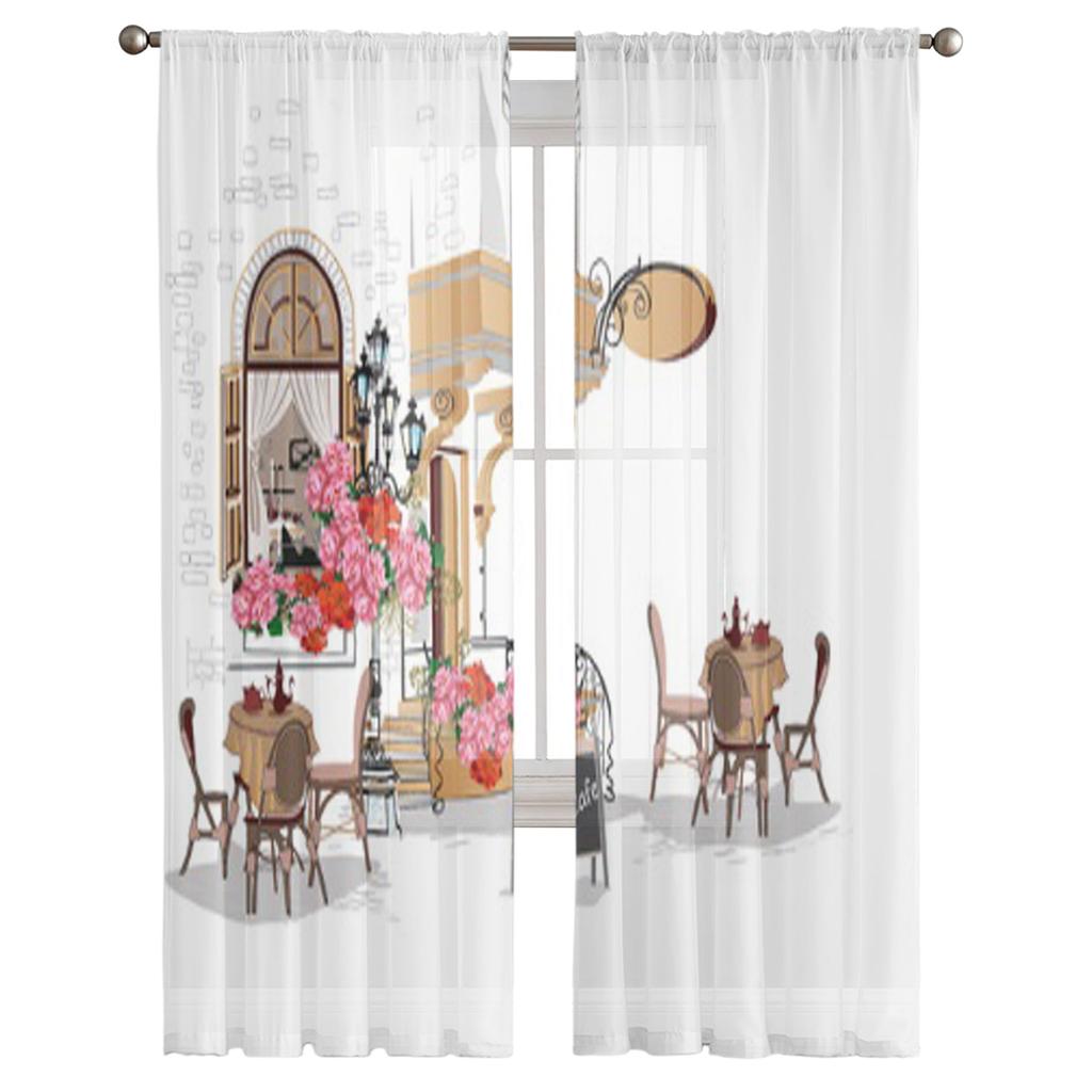 Вид на город и уличные цветы в кафе, прозрачная занавеска для гостиной, современные вуалевые тюль-шторы для спальни, кухни, шторы