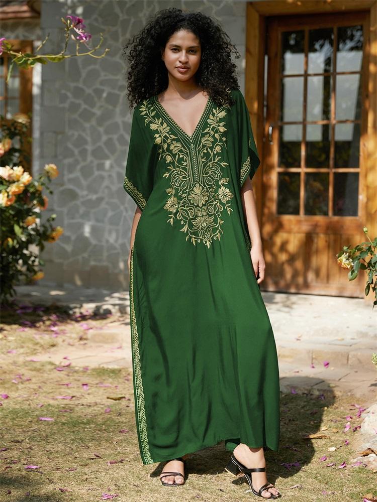 EDOLYNSA 2024 Sexy Gold Embroidery V-Neck Bat Sleeve Robe Long Dress Women Plus Size Kaftan Loose Beach Bathrobe Swimwear Coverup Q1642