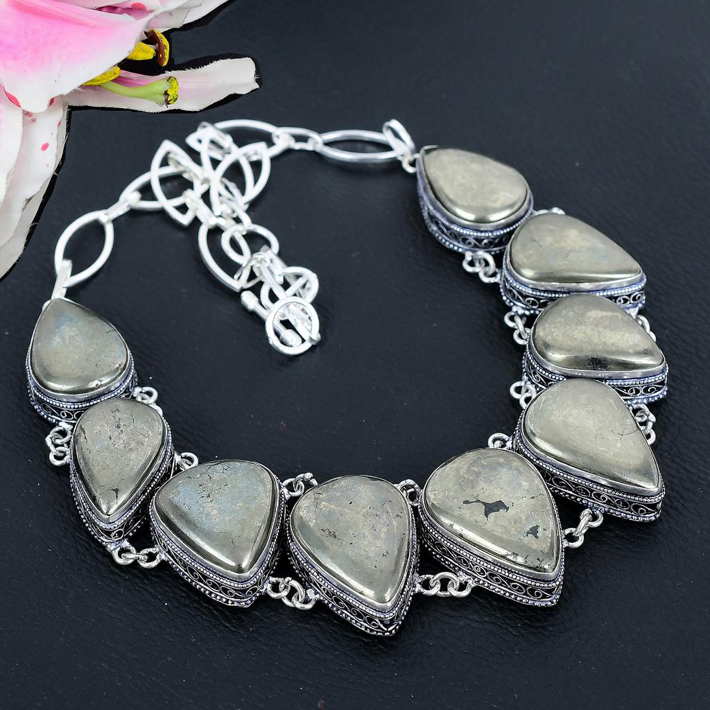 Pyrite Agate Gemstone Handmade 925 Sterling Silver Jewelry Necklace 18" KG-1656