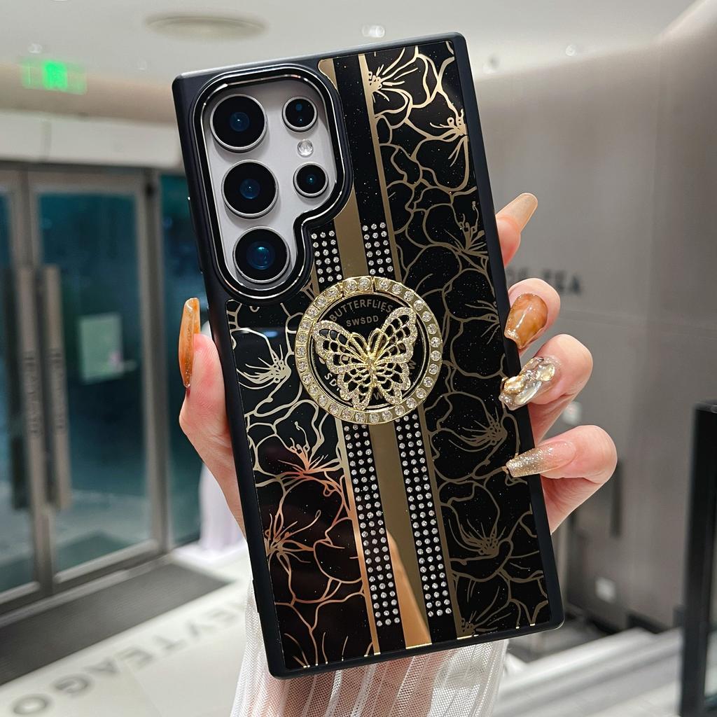 For Samsung Galaxy S25 Ultra Case Flower Pattern TPU+PC Phone Back Cover with Butterfly Kickstand