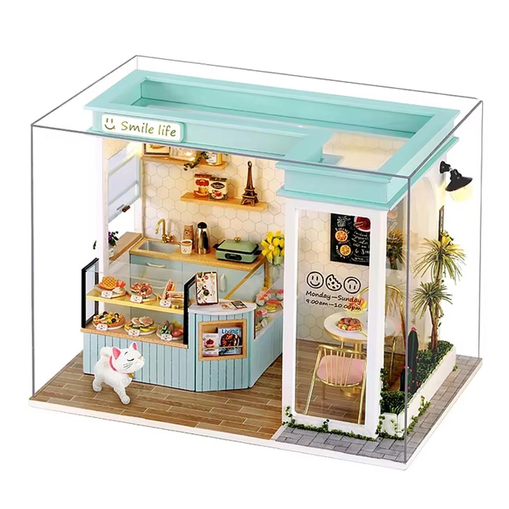 TOMMYFIELD Miniature Food Shop Wooden Dollhouse DIY Handmade Kit Cafe (Blue)