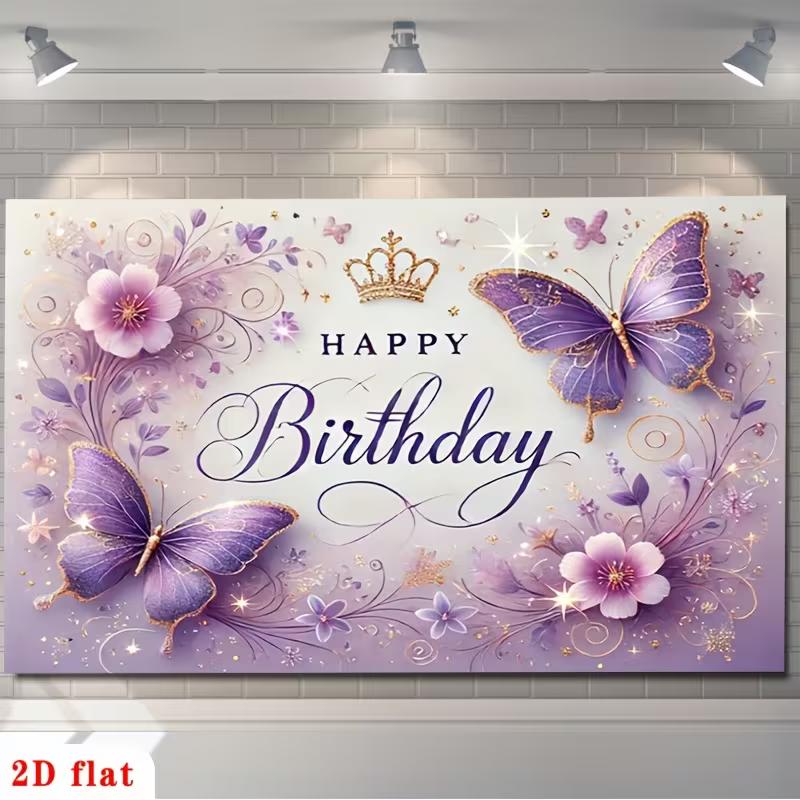 2D Soft Purple & Gold Butterfly Themed Birthday Photo Booth Background Cloth