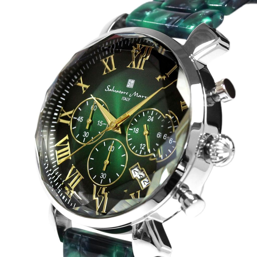 Часы с многогранным стеклом, хронограф, ацетатный ремень, градиент, зеленое золото [Salvatore Mara], мужские SM19104A-SSGRGD