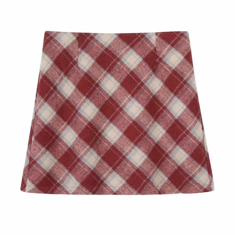 Женская мини-юбка в клетку из смесовой шерсти с завышенной талией в стиле ретро 2025 - Маленькая облегающая А-силуэта для осени/зимы