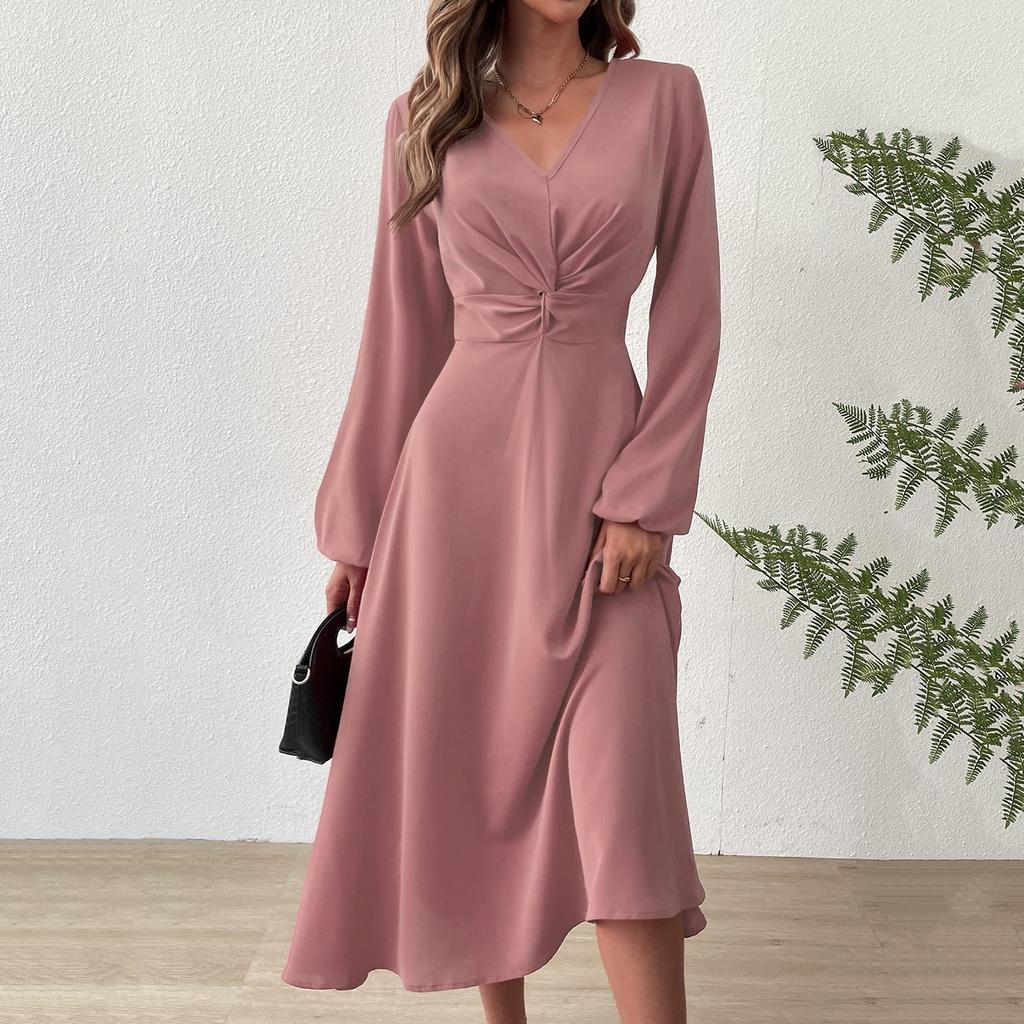 Женское модное повседневное однотонное платье с V-образным вырезом и перекрученными длинными рукавами
