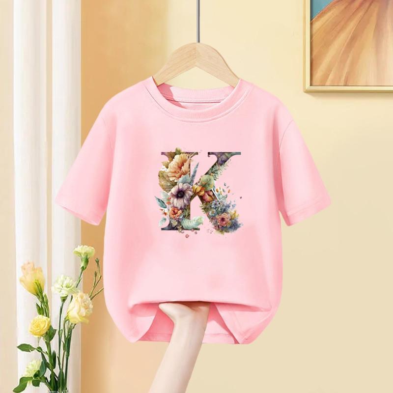 Девочки Футболка С Пользовательским Именем Комбинация Букв Принт Футболка Цветочный Буквенный Шрифт A B C D E F G Короткий Рукав Детские Розовые Топы