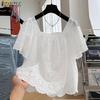 Women Square Neck Casual Short Sleeve Hollow Out Lace Crochet Blouse