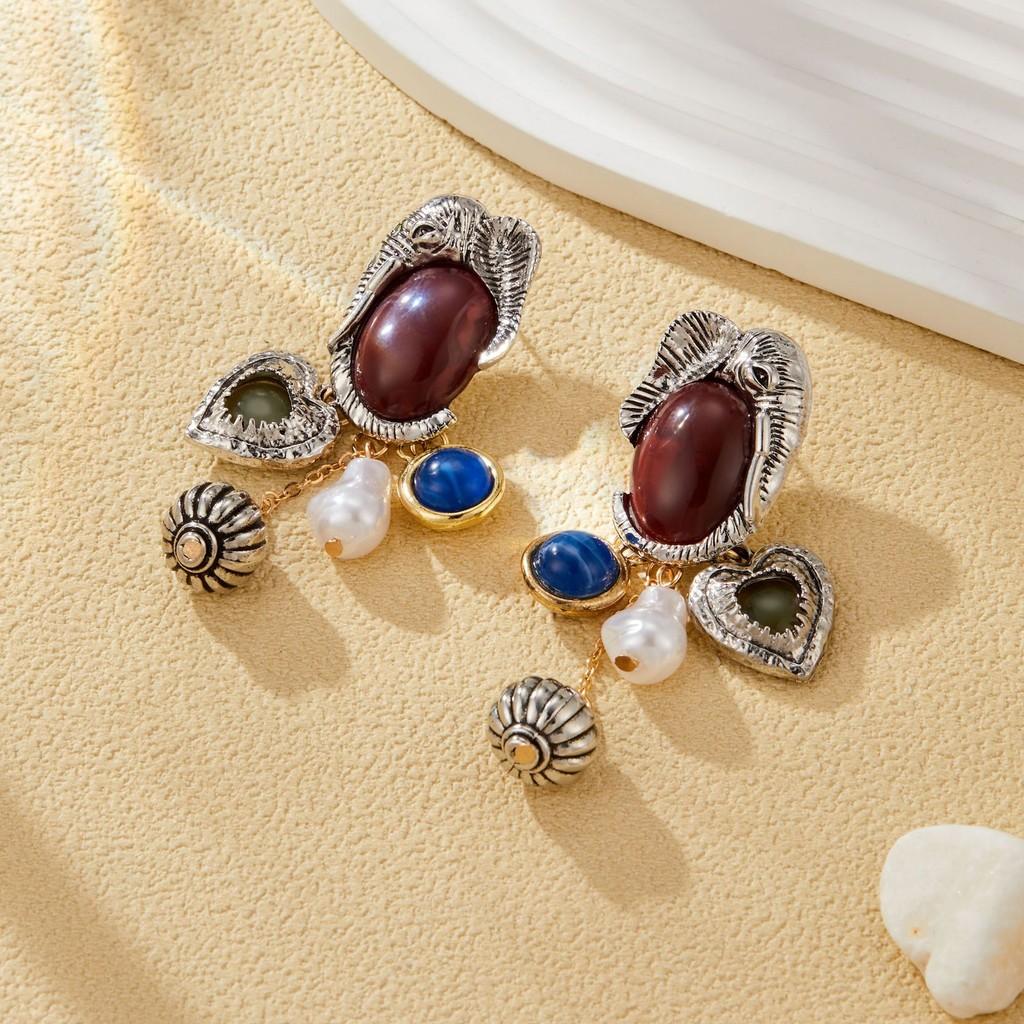 Элегантные ретро серьги с драгоценными камнями и искусственным жемчугом, уникальной асимметричной формы