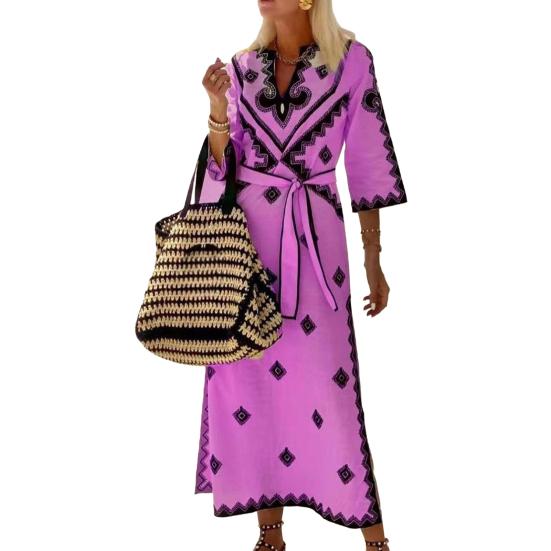 Платье на шнуровке с узкой талией и геометрическим принтом, с V-образным вырезом, рукавом три четверти, в тон, с разрезом подол, в богемном стиле, платье миди для отпуска