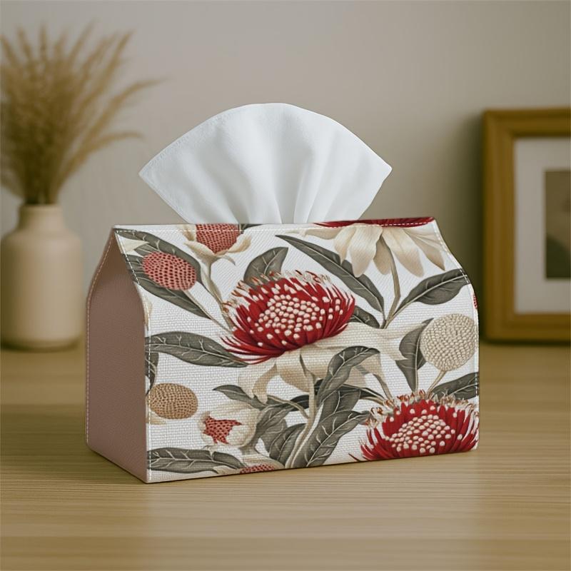 1pc Tissue Box Holder Featuring a Botanical Vintage Design with Protea Floral in Red And Beige, Made from Durable Polyester, Perfect for Use in The Ki
