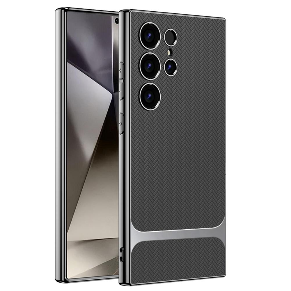 For Samsung Galaxy S24 Ultra Case Woven Pattern Electroplating TPU+PC+PU Phone Back Cover
