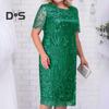 Women Dress Flower Embroidery Double Layers Short Sleeve Round Neck Mid Calf Length Lace Plus Size Elegant Lady Midi Prom Party Dress