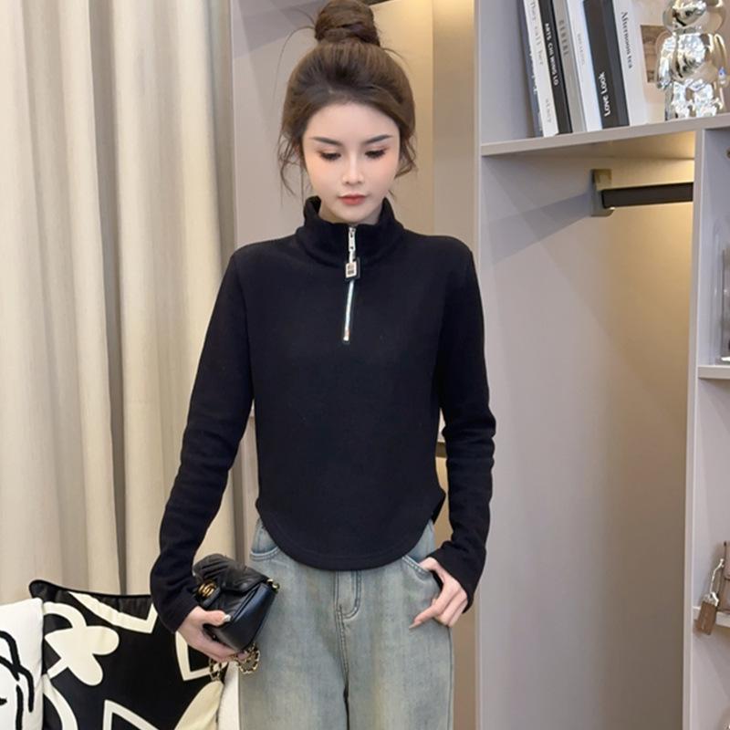 Женская базовая футболка с высоким воротником на молнии, утолщенная, для осени и зимы, облегающий и универсальный дизайн, топ, футболка с длинным рукавом для поездок