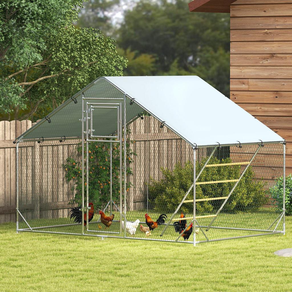 6m² Chicken Run for 6-8 Animals with Waterproof Roof, Feeder and Perch, 3x2x1.9m, Silver