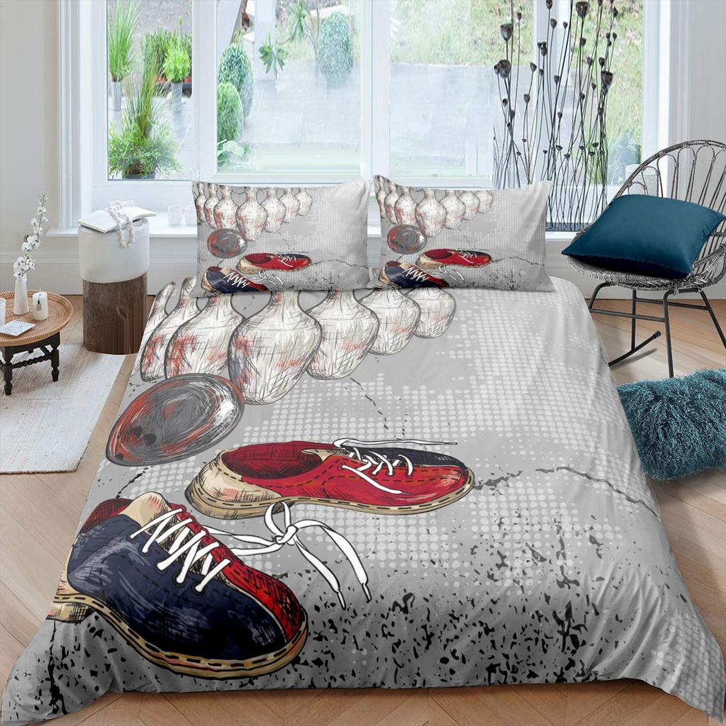 Постельный набор для боулинга 3 предмета Удар страйк в боулинге с рисунком огненного взрыва Пододеяльник на спортивную тематику из микрофибры