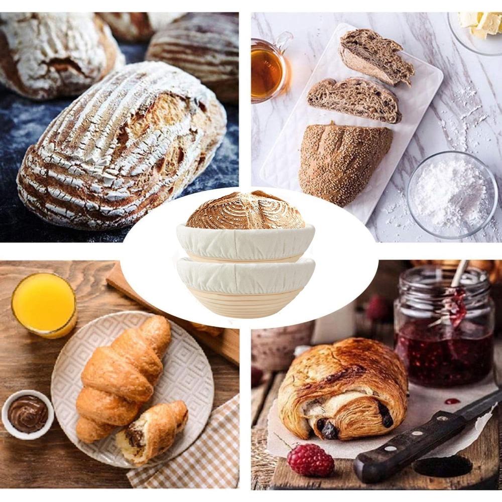 Bread proofing basket set of 2, 9-inch round dough proofing bowls, with linen-lined bread proofing baskets