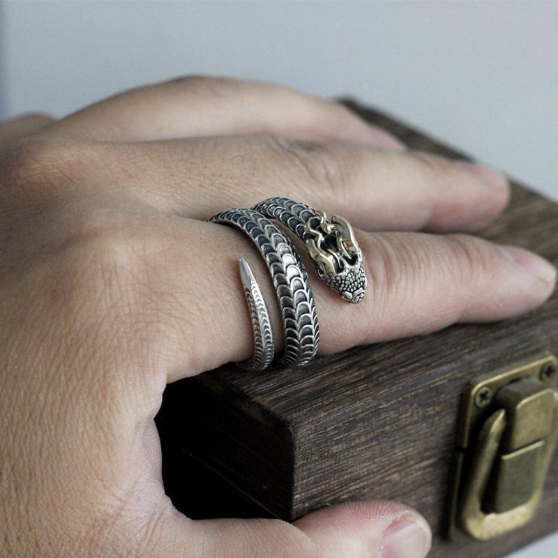 Snake Ring Male Dragon Snake Ring with Horns Live Mouth Multi-circle Ring Adjustable Retro Ethnic Style Zodiac